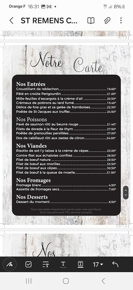 Restaurant Le Saint Rémens pere et fils - Menu Image 1